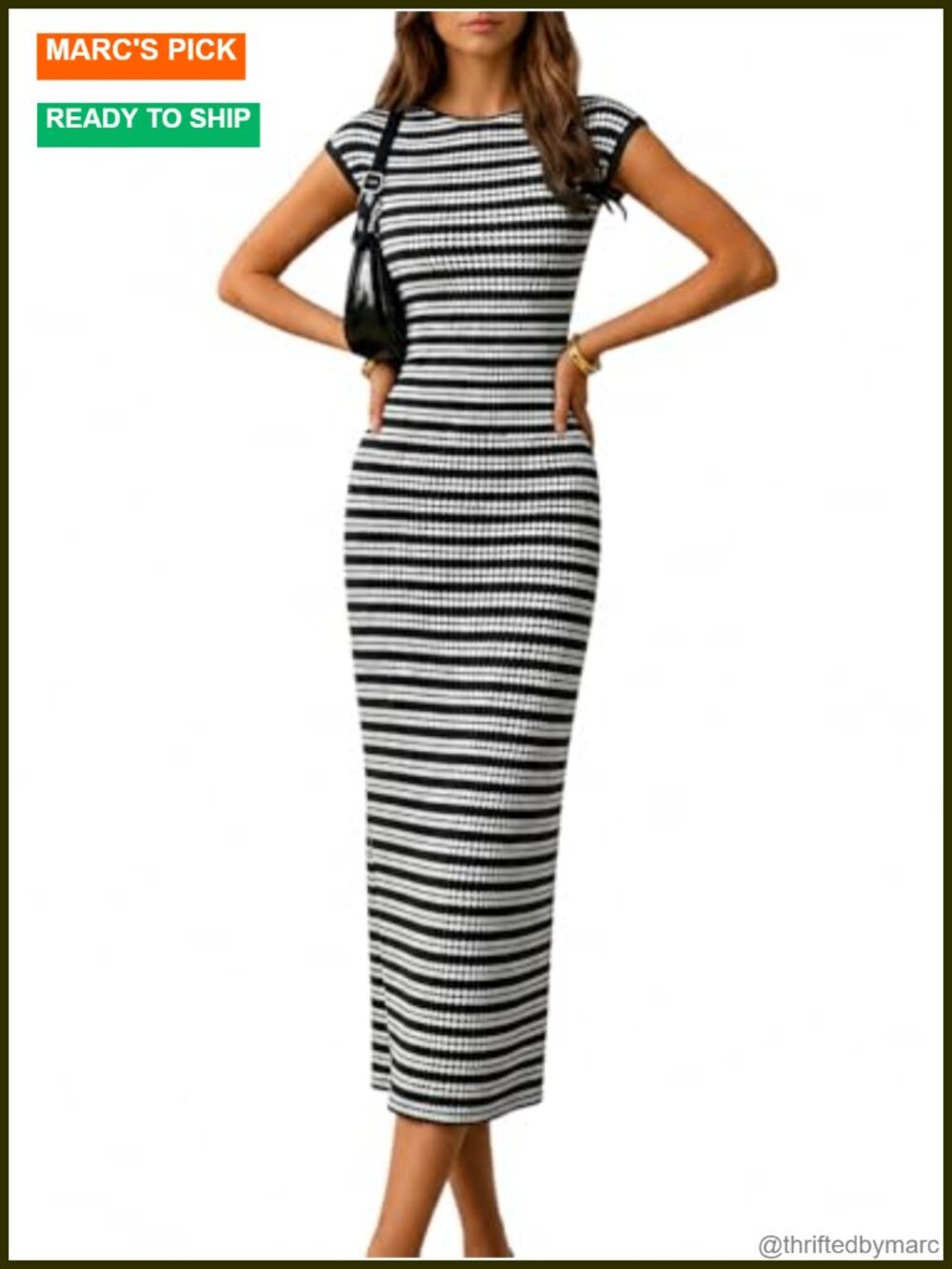 Striped Midi Dress Bodycon Crew Neck Cap Sleeve Crochet Knit Casual Work Summer